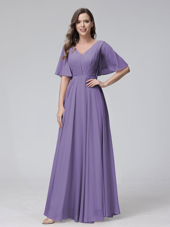 Ligne A/Princesse Col en V Demi-manches La Longueur du Sol Bridemaid Robes avec Froufrous & Les Poches