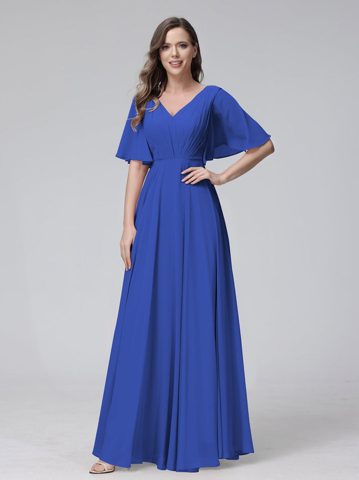 Ligne A/Princesse Col en V Demi-manches La Longueur du Sol Bridemaid Robes avec Froufrous & Les Poches