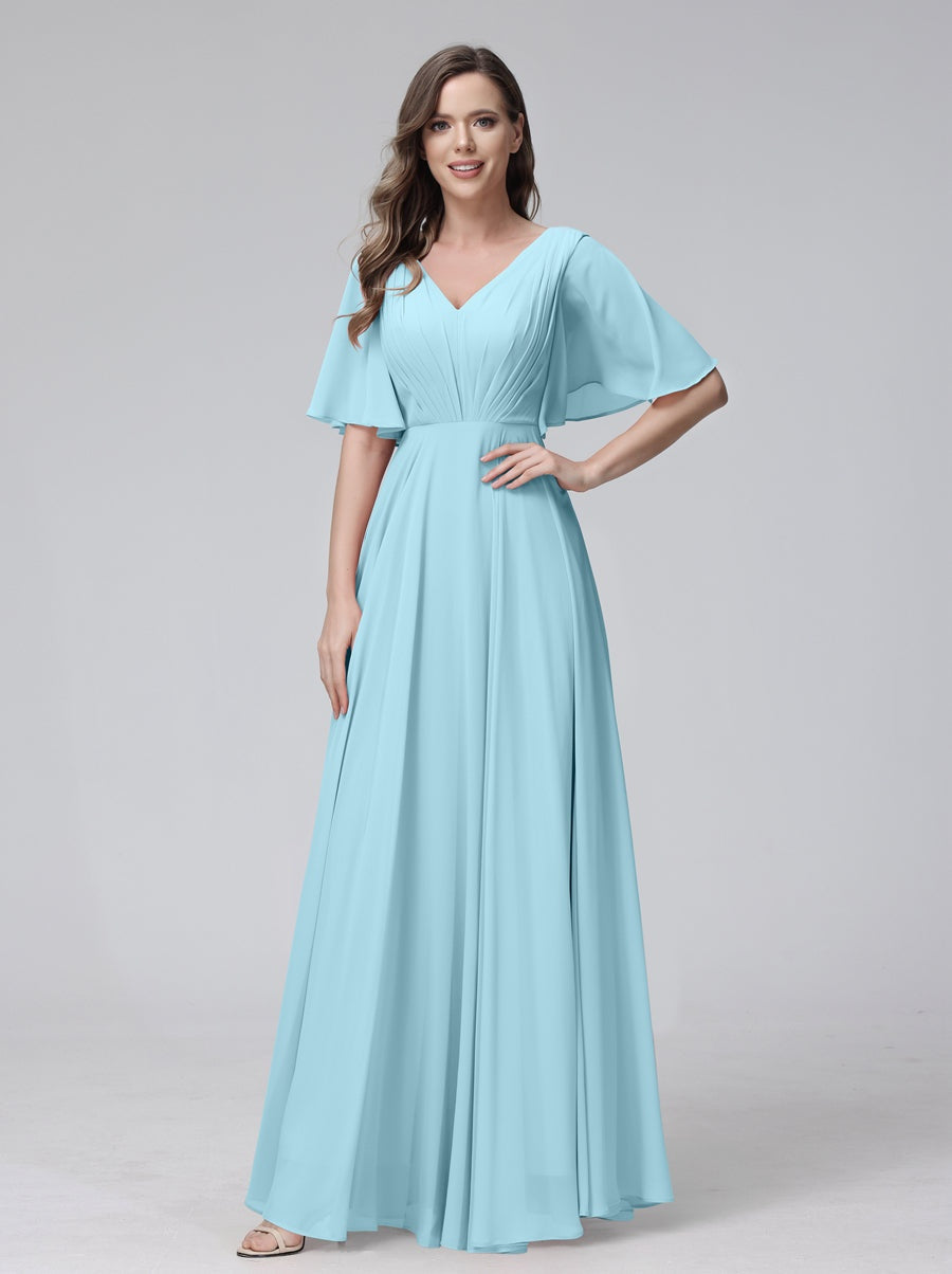 Ligne A/Princesse Col en V Demi-manches La Longueur du Sol Bridemaid Robes avec Froufrous & Les Poches