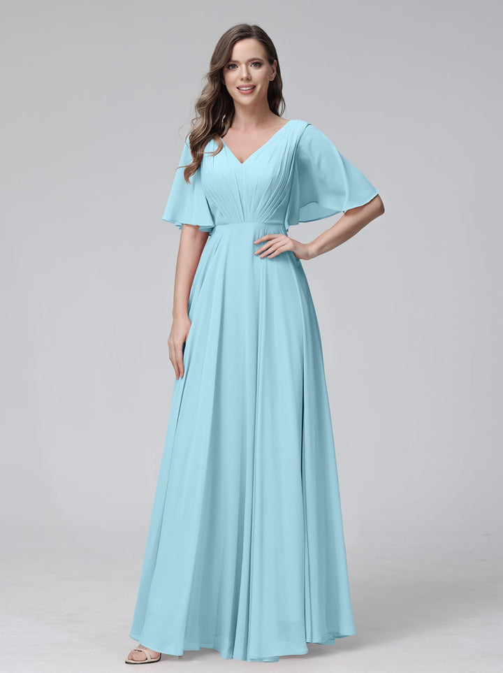 Ligne A/Princesse Col en V Demi-manches La Longueur du Sol Bridemaid Robes avec Froufrous & Les Poches