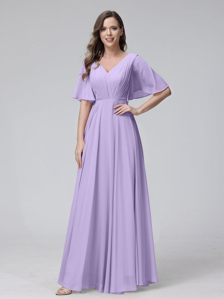 Ligne A/Princesse Col en V Demi-manches La Longueur du Sol Bridemaid Robes avec Froufrous & Les Poches