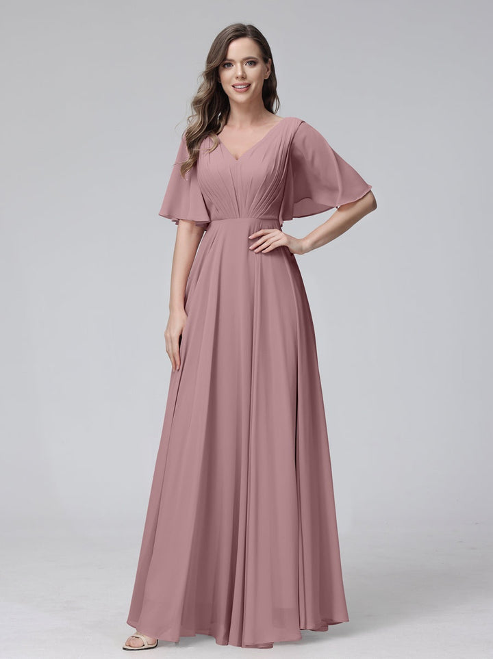Ligne A/Princesse Col en V Demi-manches La Longueur du Sol Bridemaid Robes avec Froufrous & Les Poches