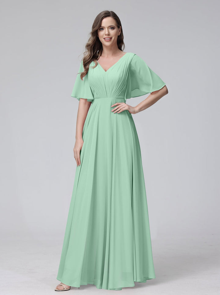 Ligne A/Princesse Col en V Demi-manches La Longueur du Sol Bridemaid Robes avec Froufrous & Les Poches