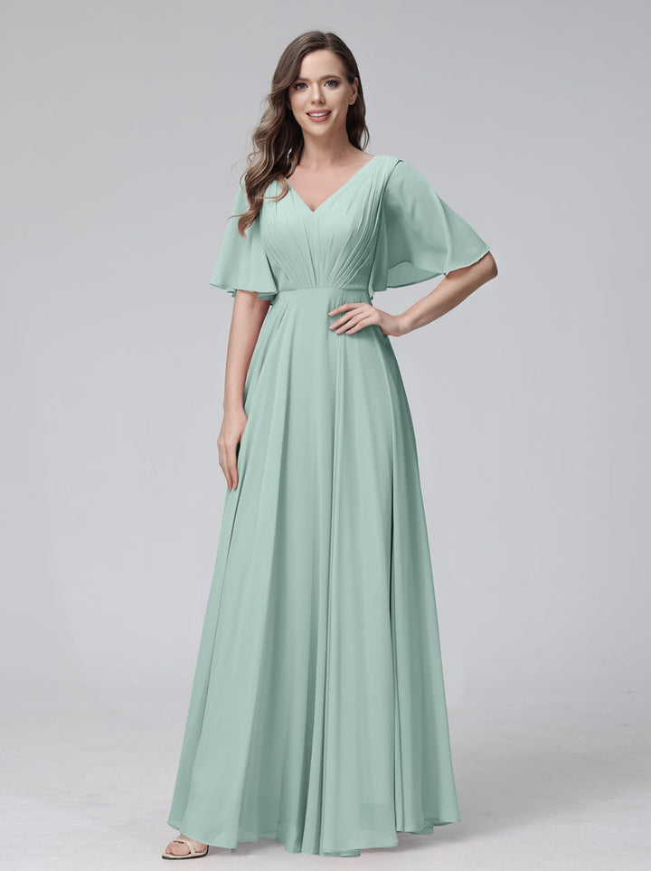 Ligne A/Princesse Col en V Demi-manches La Longueur du Sol Bridemaid Robes avec Froufrous & Les Poches