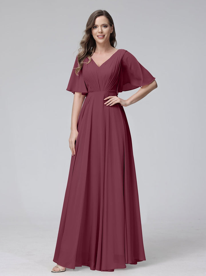 Ligne A/Princesse Col en V Demi-manches La Longueur du Sol Bridemaid Robes avec Froufrous & Les Poches