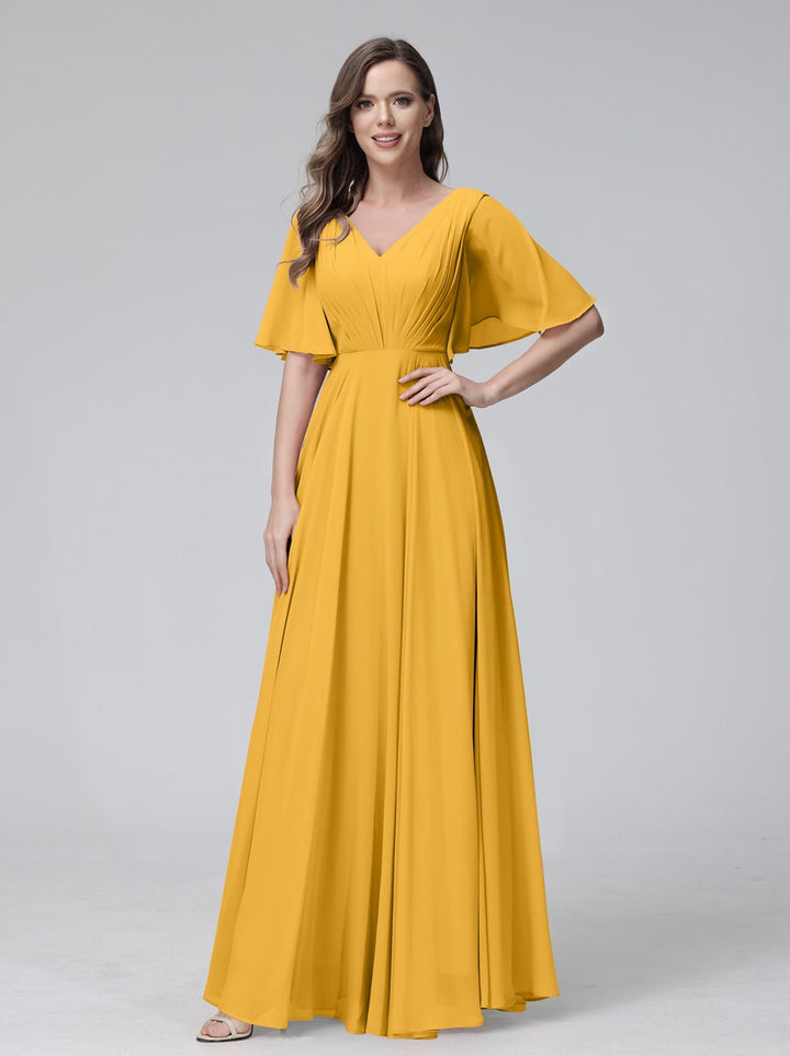 Ligne A/Princesse Col en V Demi-manches La Longueur du Sol Bridemaid Robes avec Froufrous & Les Poches