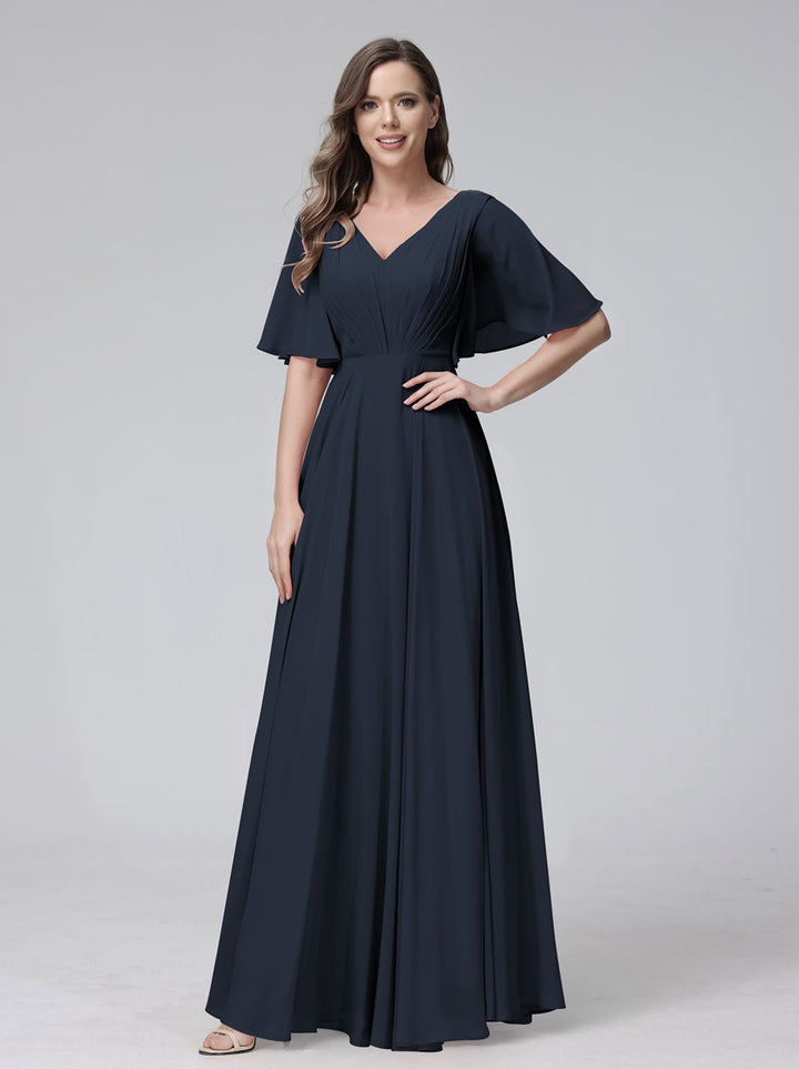 Ligne A/Princesse Col en V Demi-manches La Longueur du Sol Bridemaid Robes avec Froufrous & Les Poches
