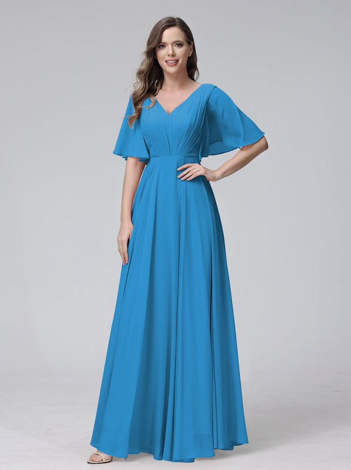 Ligne A/Princesse Col en V Demi-manches La Longueur du Sol Bridemaid Robes avec Froufrous & Les Poches