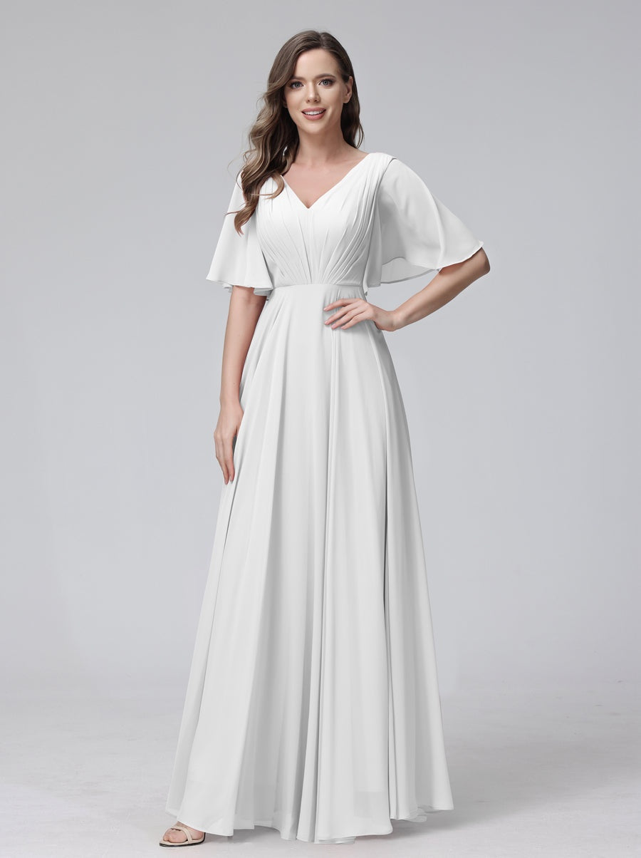 Ligne A/Princesse Col en V Demi-manches La Longueur du Sol Bridemaid Robes avec Froufrous & Les Poches