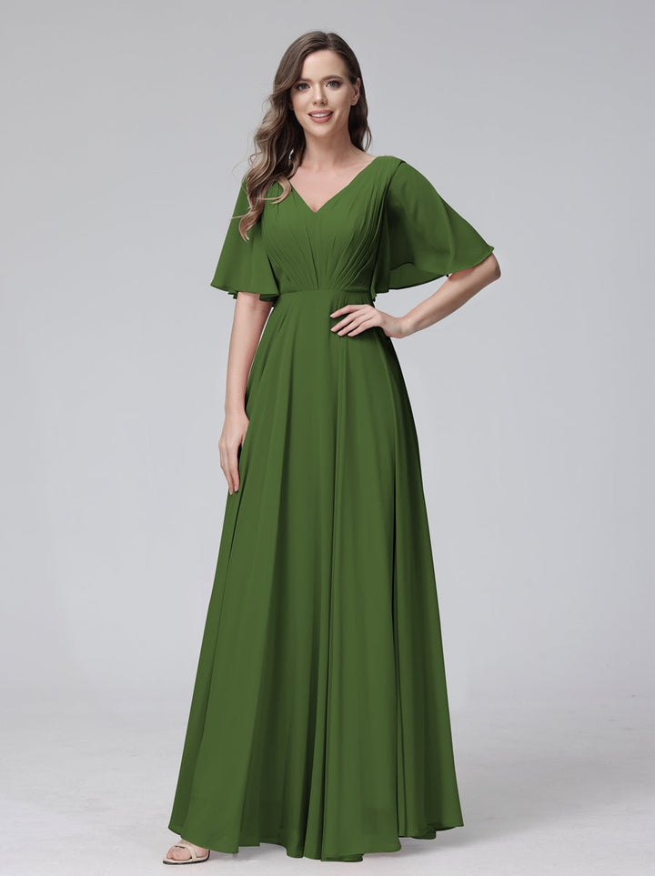 Ligne A/Princesse Col en V Demi-manches La Longueur du Sol Bridemaid Robes avec Froufrous & Les Poches