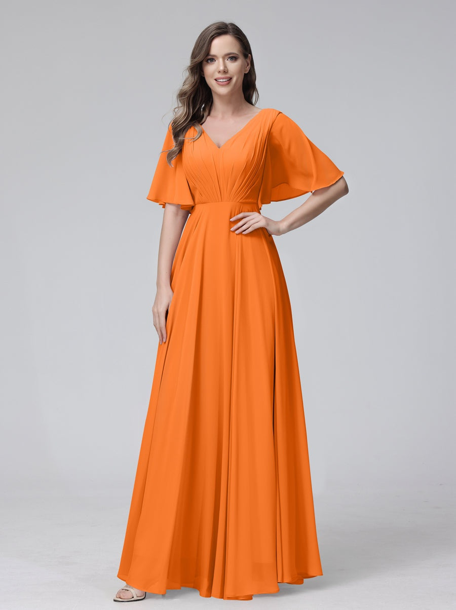 Ligne A/Princesse Col en V Demi-manches La Longueur du Sol Bridemaid Robes avec Froufrous & Les Poches