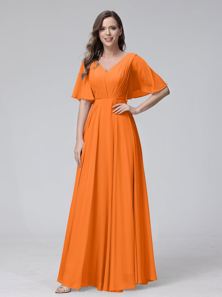Ligne A/Princesse Col en V Demi-manches La Longueur du Sol Bridemaid Robes avec Froufrous & Les Poches