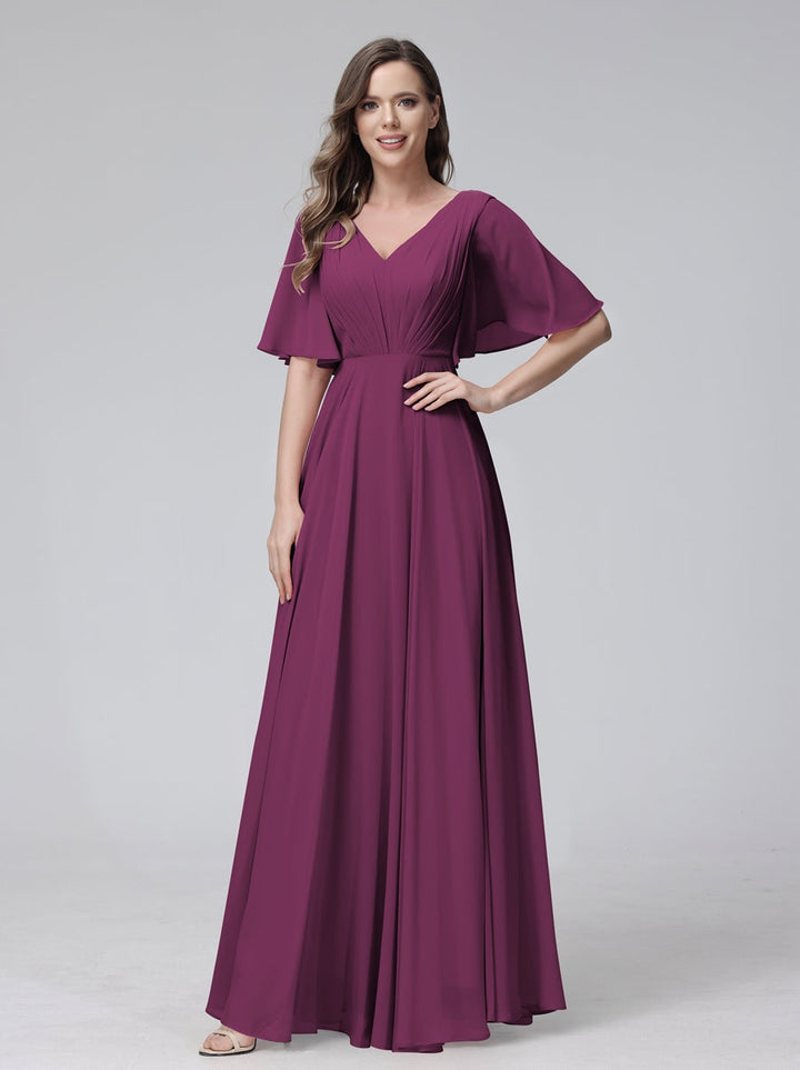 Ligne A/Princesse Col en V Demi-manches La Longueur du Sol Bridemaid Robes avec Froufrous & Les Poches