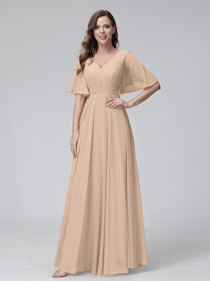 Ligne A/Princesse Col en V Demi-manches La Longueur du Sol Bridemaid Robes avec Froufrous & Les Poches