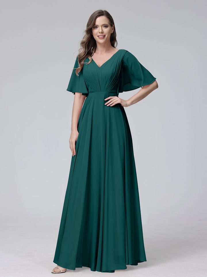 Ligne A/Princesse Col en V Demi-manches La Longueur du Sol Bridemaid Robes avec Froufrous & Les Poches