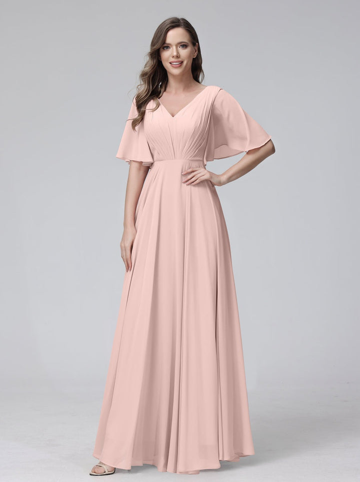 Ligne A/Princesse Col en V Demi-manches La Longueur du Sol Bridemaid Robes avec Froufrous & Les Poches
