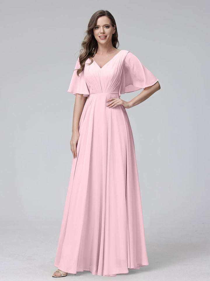 Ligne A/Princesse Col en V Demi-manches La Longueur du Sol Bridemaid Robes avec Froufrous & Les Poches