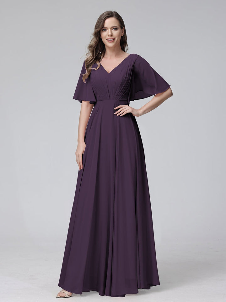 Ligne A/Princesse Col en V Demi-manches La Longueur du Sol Bridemaid Robes avec Froufrous & Les Poches