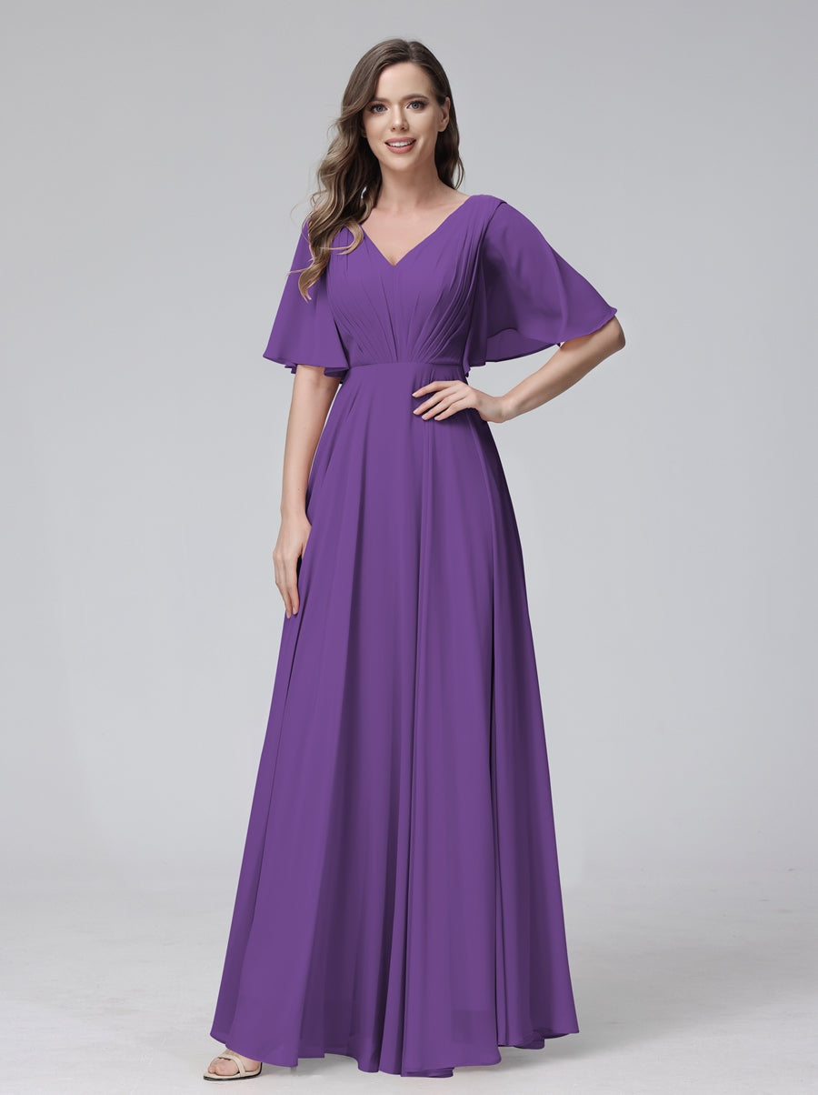 Ligne A/Princesse Col en V Demi-manches La Longueur du Sol Bridemaid Robes avec Froufrous & Les Poches