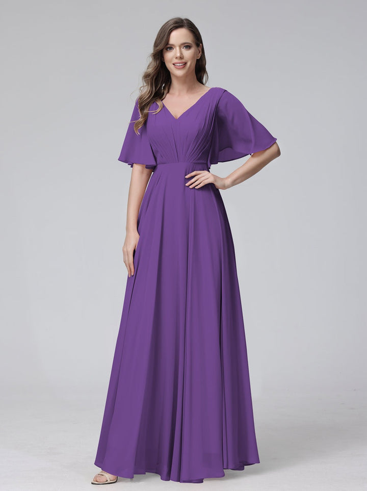 Ligne A/Princesse Col en V Demi-manches La Longueur du Sol Bridemaid Robes avec Froufrous & Les Poches