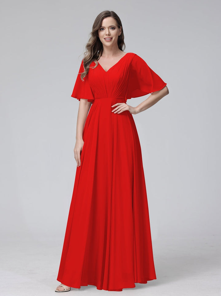 Ligne A/Princesse Col en V Demi-manches La Longueur du Sol Bridemaid Robes avec Froufrous & Les Poches