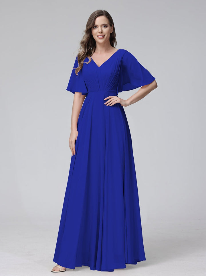 Ligne A/Princesse Col en V Demi-manches La Longueur du Sol Bridemaid Robes avec Froufrous & Les Poches
