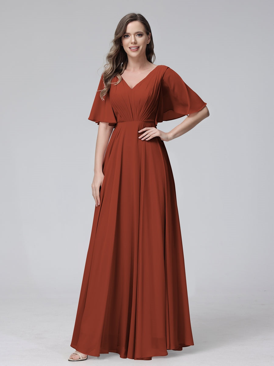 Ligne A/Princesse Col en V Demi-manches La Longueur du Sol Bridemaid Robes avec Froufrous & Les Poches