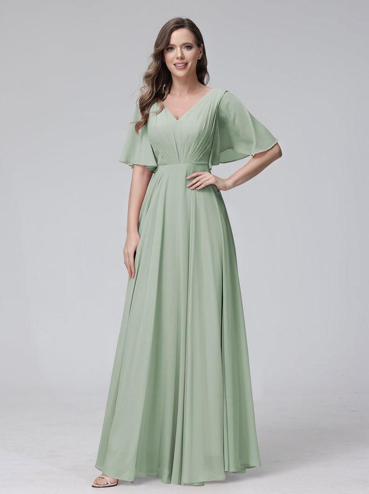 Ligne A/Princesse Col en V Demi-manches La Longueur du Sol Bridemaid Robes avec Froufrous & Les Poches