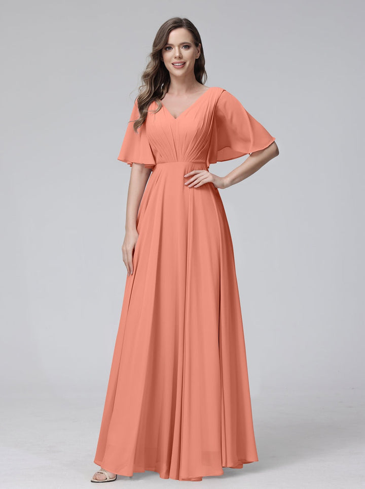 Ligne A/Princesse Col en V Demi-manches La Longueur du Sol Bridemaid Robes avec Froufrous & Les Poches
