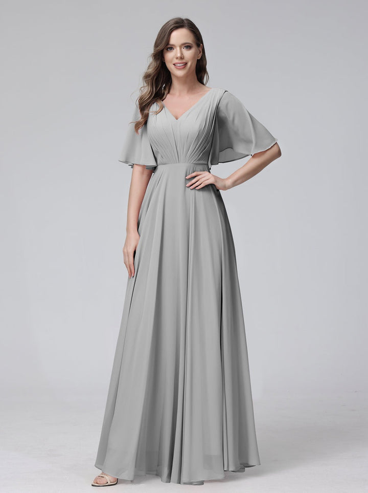Ligne A/Princesse Col en V Demi-manches La Longueur du Sol Bridemaid Robes avec Froufrous & Les Poches