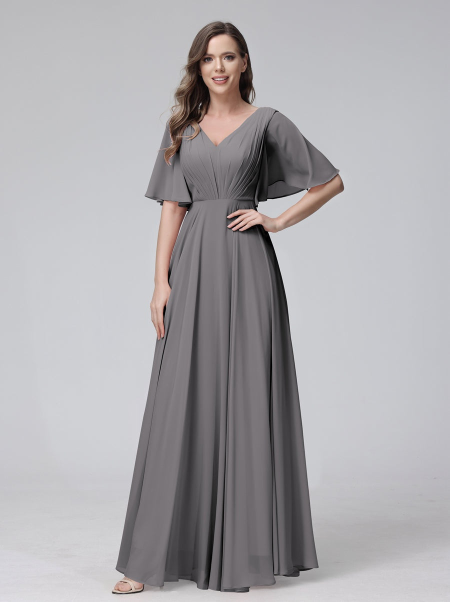 Ligne A/Princesse Col en V Demi-manches La Longueur du Sol Bridemaid Robes avec Froufrous & Les Poches