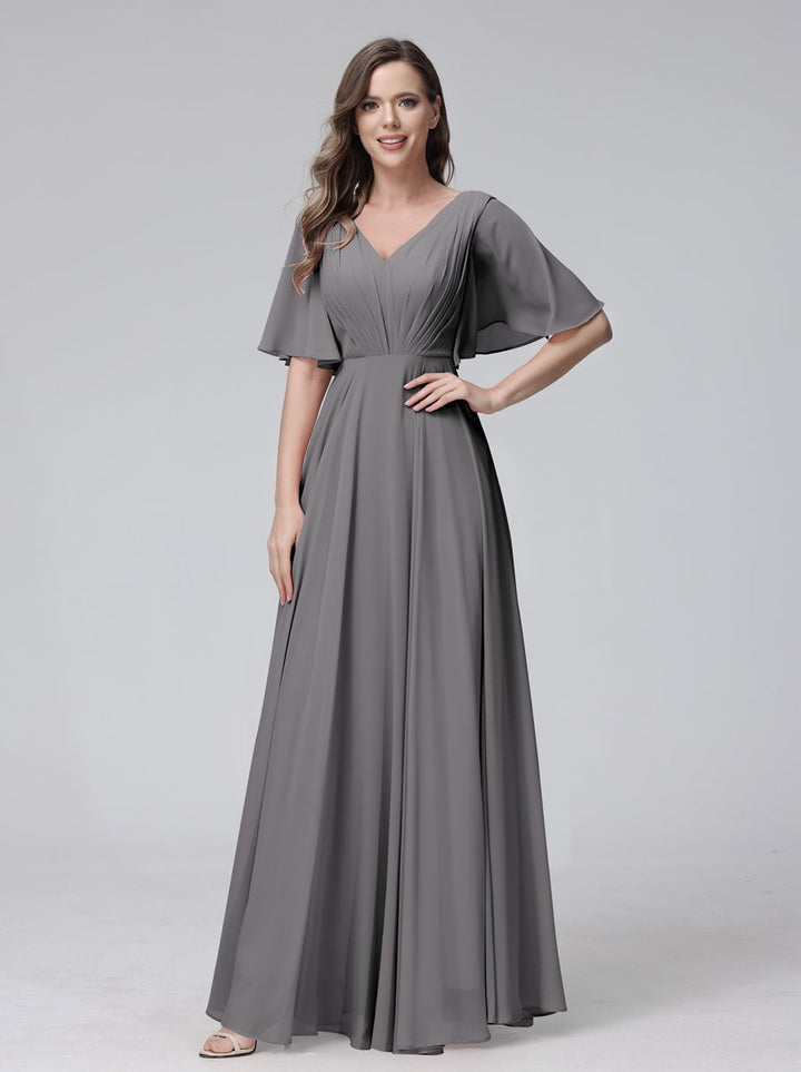 Ligne A/Princesse Col en V Demi-manches La Longueur du Sol Bridemaid Robes avec Froufrous & Les Poches