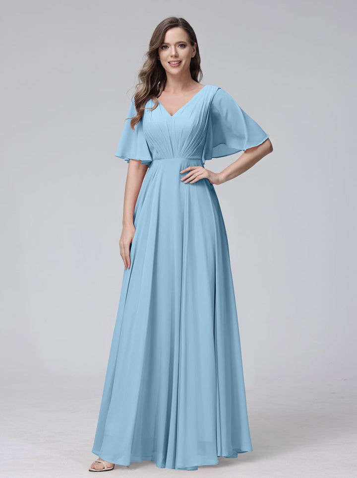 Ligne A/Princesse Col en V Demi-manches La Longueur du Sol Bridemaid Robes avec Froufrous & Les Poches