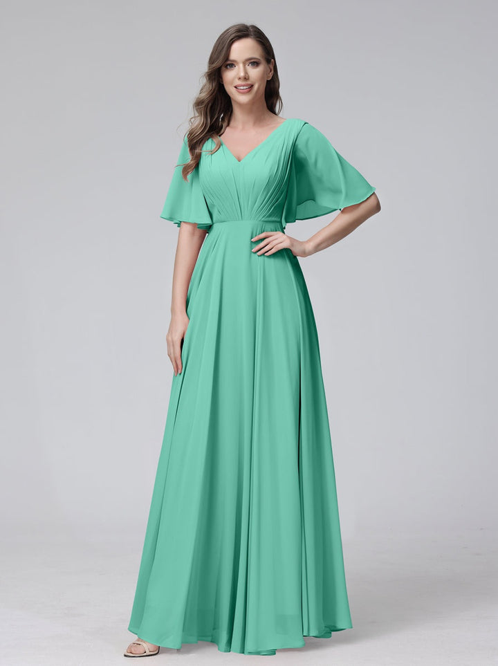 Ligne A/Princesse Col en V Demi-manches La Longueur du Sol Bridemaid Robes avec Froufrous & Les Poches