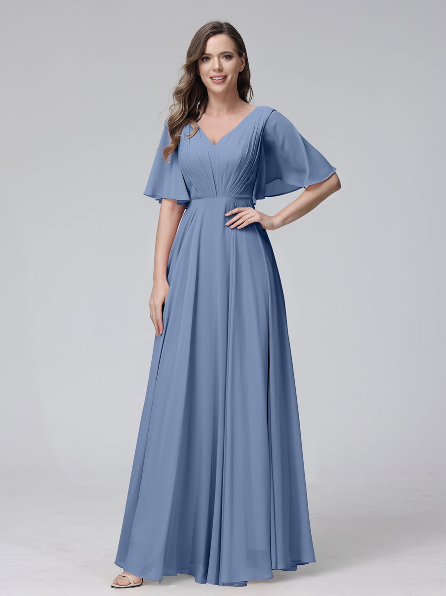Ligne A/Princesse Col en V Demi-manches La Longueur du Sol Bridemaid Robes avec Froufrous & Les Poches