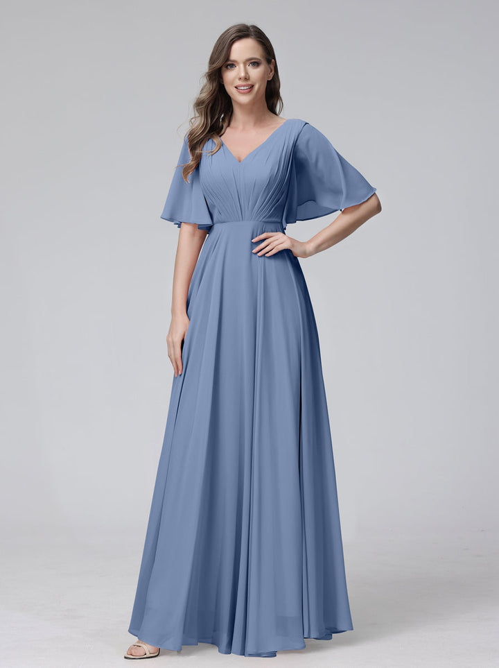 Ligne A/Princesse Col en V Demi-manches La Longueur du Sol Bridemaid Robes avec Froufrous & Les Poches