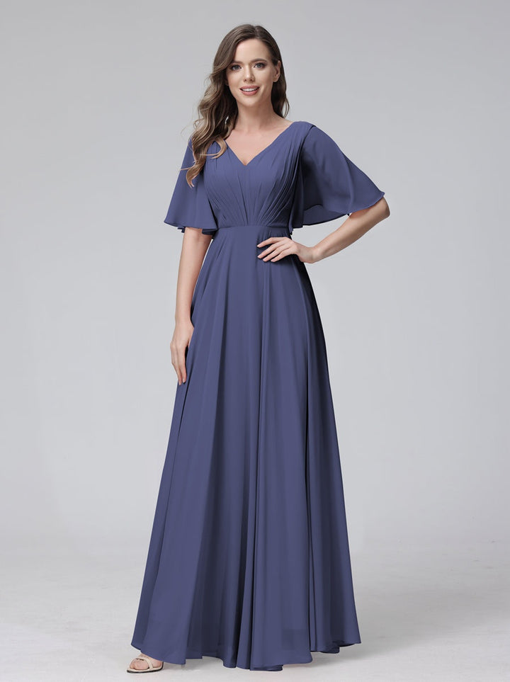 Ligne A/Princesse Col en V Demi-manches La Longueur du Sol Bridemaid Robes avec Froufrous & Les Poches