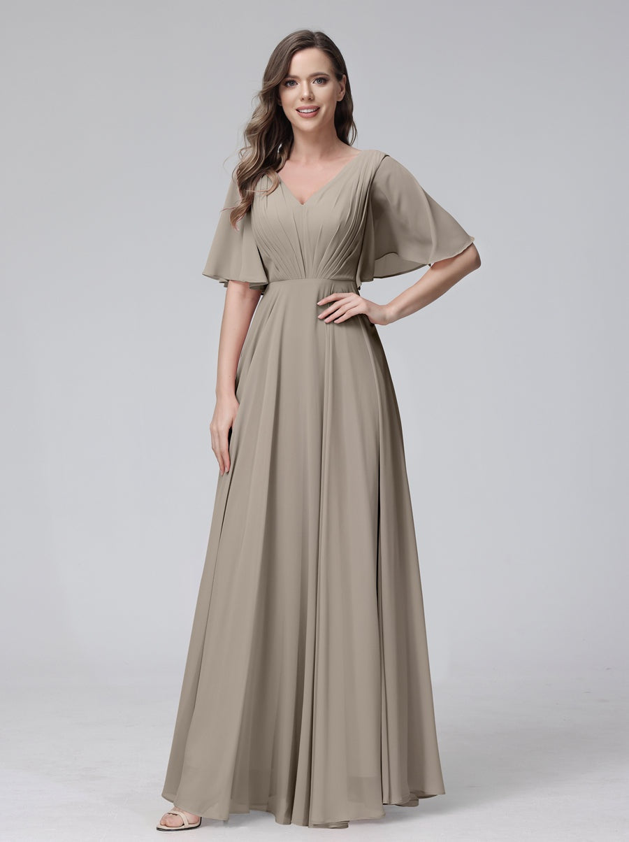 Ligne A/Princesse Col en V Demi-manches La Longueur du Sol Bridemaid Robes avec Froufrous & Les Poches