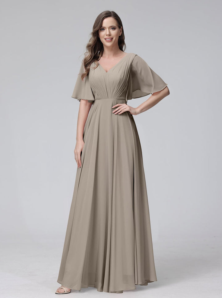 Ligne A/Princesse Col en V Demi-manches La Longueur du Sol Bridemaid Robes avec Froufrous & Les Poches