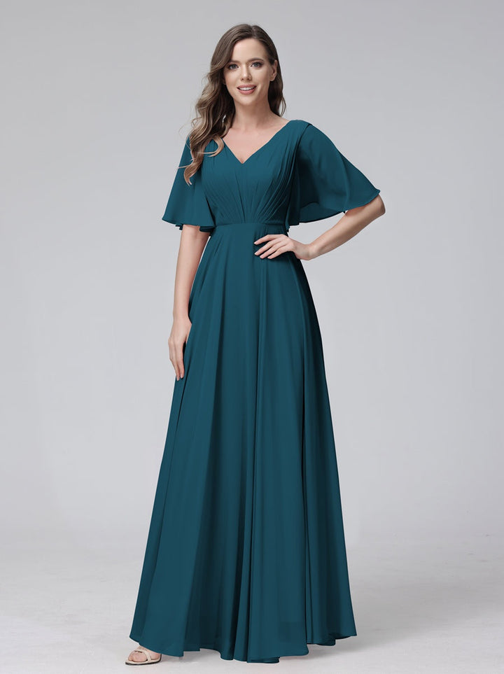 Ligne A/Princesse Col en V Demi-manches La Longueur du Sol Bridemaid Robes avec Froufrous & Les Poches