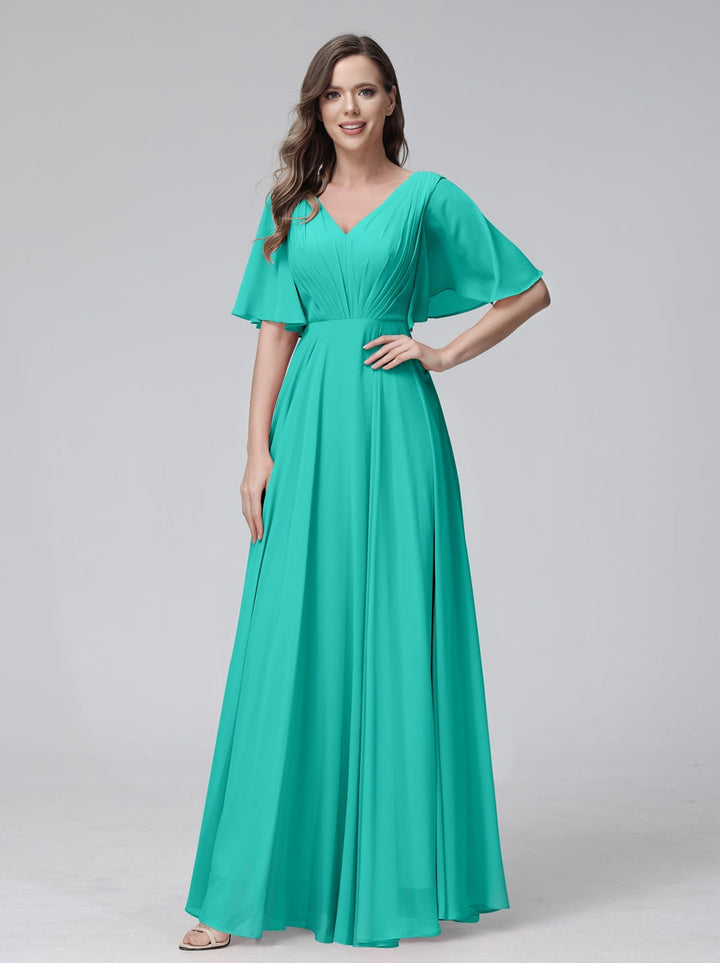 Ligne A/Princesse Col en V Demi-manches La Longueur du Sol Bridemaid Robes avec Froufrous & Les Poches