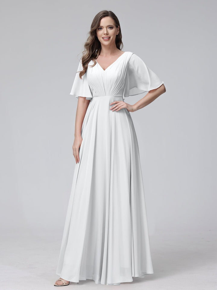 Ligne A/Princesse Col en V Demi-manches La Longueur du Sol Bridemaid Robes avec Froufrous & Les Poches