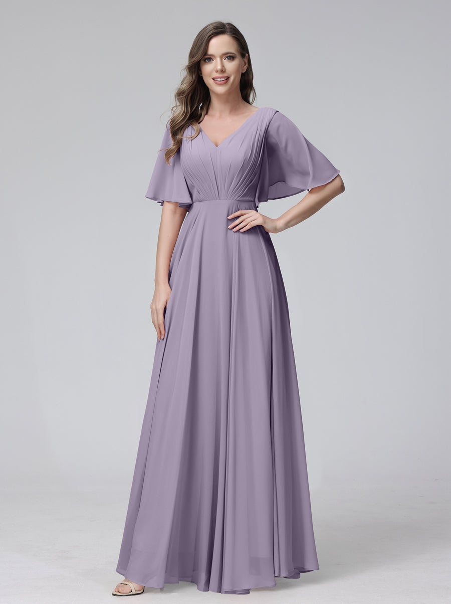 Ligne A/Princesse Col en V Demi-manches La Longueur du Sol Bridemaid Robes avec Froufrous & Les Poches