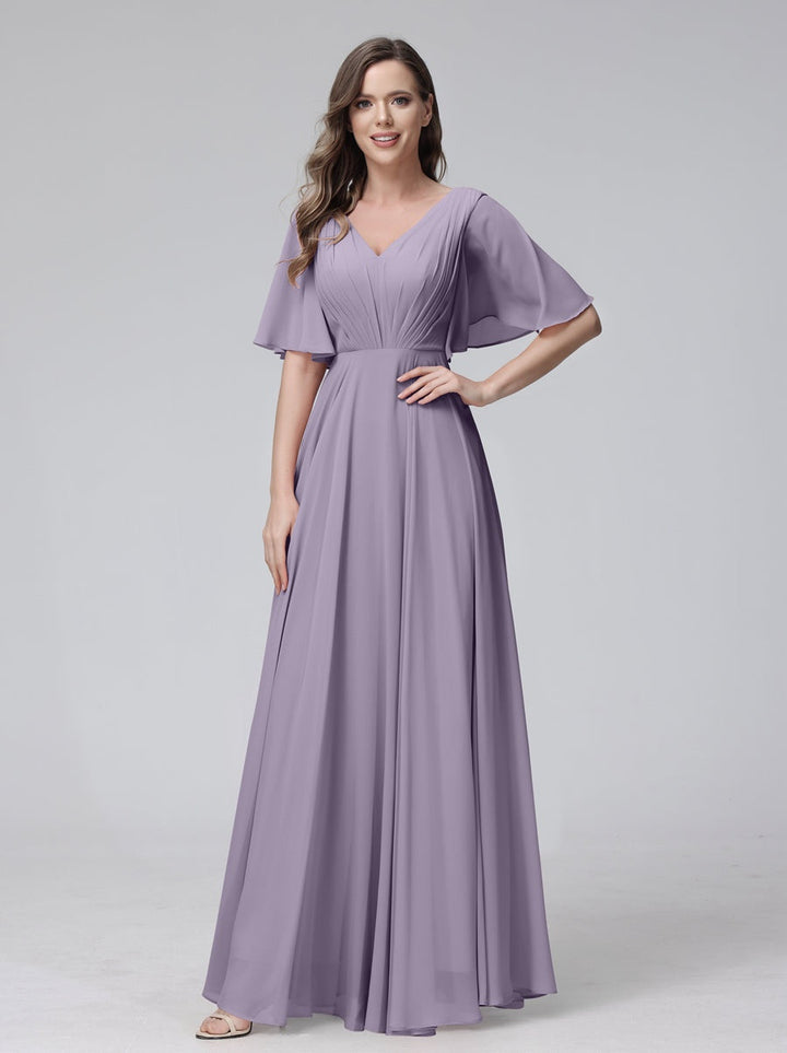 Ligne A/Princesse Col en V Demi-manches La Longueur du Sol Bridemaid Robes avec Froufrous & Les Poches