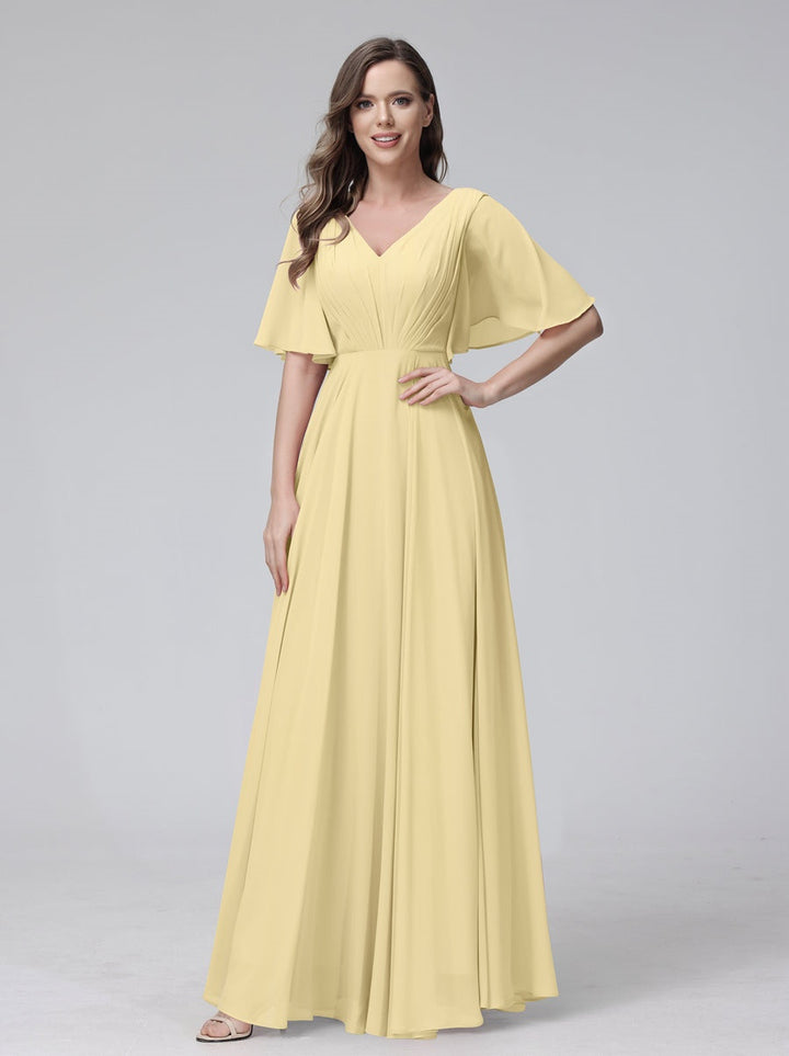 Ligne A/Princesse Col en V Demi-manches La Longueur du Sol Bridemaid Robes avec Froufrous & Les Poches