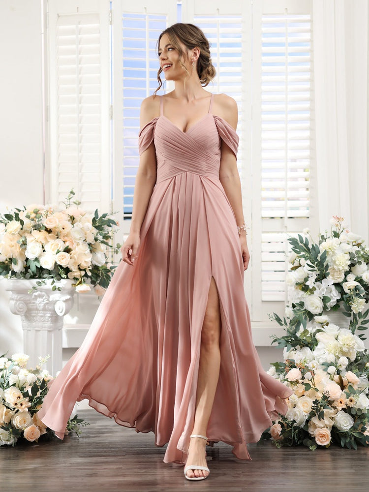 Ligne A/Princesse Col en V Bretelles Spaghetti La Longueur du Sol Mousseline Robes de Demoiselle d'Honneur avec Côté Divisé