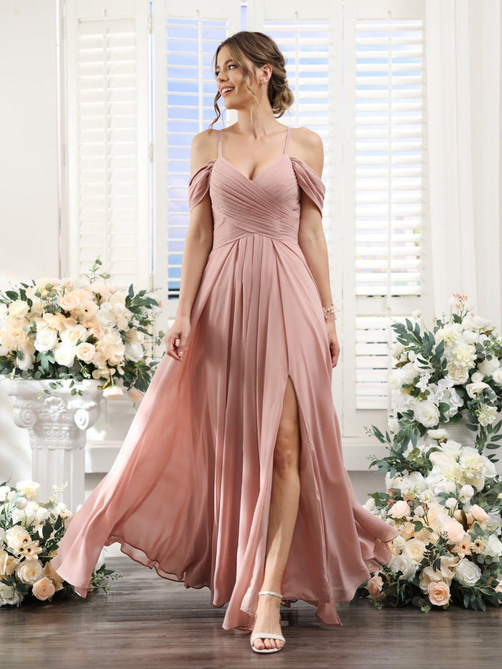 Ligne A/Princesse Col en V Bretelles Spaghetti La Longueur du Sol Mousseline Robes de Demoiselle d'Honneur avec Côté Divisé