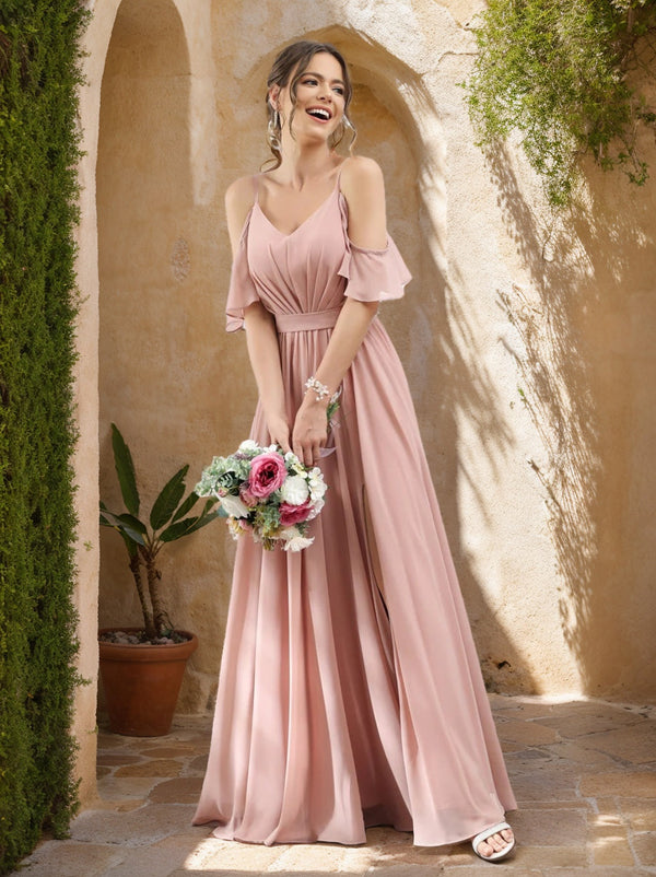 Ligne A/Princesse Bretelles Spaghetti La Longueur du Sol Mousseline Robes de Demoiselle d'Honneur avec Fente Haute & Ruché