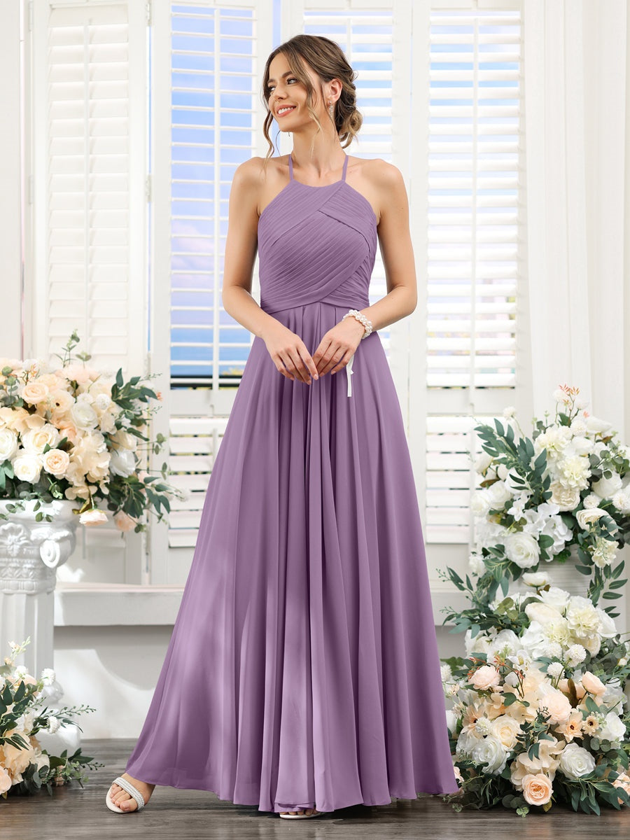Ligne A/Princesse Licou Sans Manches La Longueur du Sol Mousseline Robes de Demoiselle d'Honneur avec Ruché