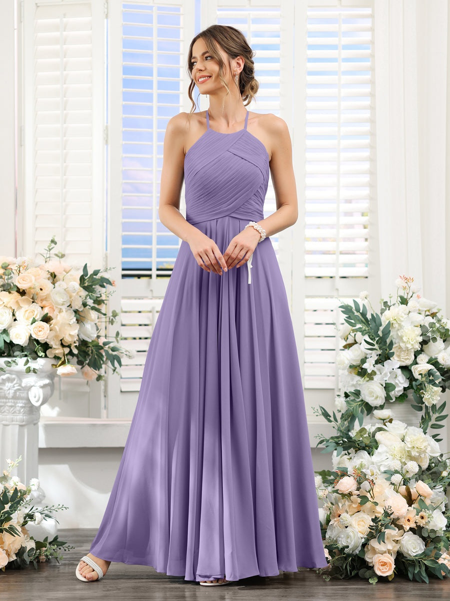 Ligne A/Princesse Licou Sans Manches La Longueur du Sol Mousseline Robes de Demoiselle d'Honneur avec Ruché